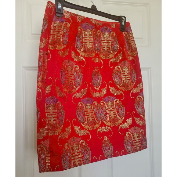 ALBERTA FERRETTI Red Brocade Pencil Skirt Luxurious Italian Designer Piece Sz 12 - Picture 3 of 11